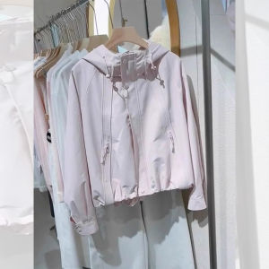 Unique Casual Light Blue Spring Outerwear Korean Style Loose Fitting Jacket Commute Friendly Zipper Closure Long Sleeve Hooded