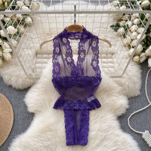 Women Lingerie Open Crotch Ruffles Sensual Hollow Out Erotic Lace Bodysuits Sleeveless Slim Maid Jumpsuit 2 Pieces Set Cosplay