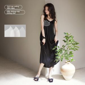 yuenei | Váy ngủ lụa băng Ice Silk cho nữ mùa hè dài tay dây lưng màu đen sang trọng thoải mái mặc ngoài trời