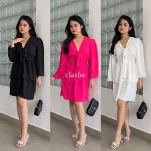 Willa Dress Gaun Pita Lengan Panjang Wanita Crinkle Airflow Anti Lecek Korean Style Terbaru Kekinian Ootd by Clashe