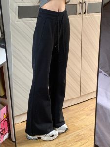 กางเกงโยคะผ้าถักเอวสูงสีดำยาวสำหรับผู้หญิง กางเกงขายาวทรงตรงลำลอง กางเกงขายาวทรงขากระบอก ผ้าฝ้ายผสมโพลีเอสเตอร์