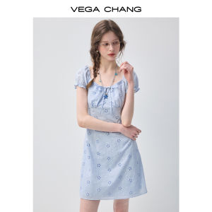 VEGA CHANG | Đầm Cổ Vuông Mới Hè Thêu Hoa Văn Xanh