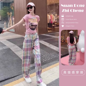 Summer Dopamine Matching a Set of Young and Beautiful Pink Short Sleeve T-shirt Plaid Pants Suit Two-piece Set Womens Clothing