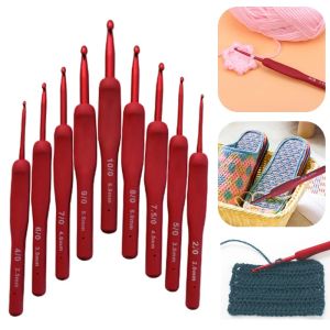 9Pcs Red Crochet Hooks Ergonomic Crochet Hook Set Soft Touch Aluminum Crochet Needle for Arthritic Hands Crochet Kit for Beginne