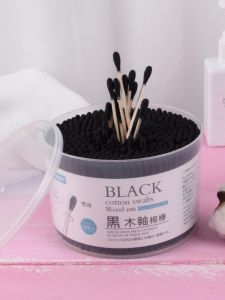 Tăm Bông Than Tre Màu Đen Tăm Tre 500 Chiếc Hộp Tròn Hai Đầu Trang Điểm Ngoáy Tai Tăm Bông Dùng Một Lần