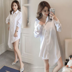 Áo Sơ Mi Trắng Dài Tay Cho Nữ Váy Dài Vừa Phải Dáng Rộng Không Đối Xứng Thắt Eo Phong Cách BF Dáng Suông Che Giấu Vòng 2