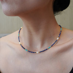 Natural Lapis Lazuli 2mm round Bead Chain Womens Turquoise New Chinese Style Versatile Collarbone Chain Artistic Retro Jewelry