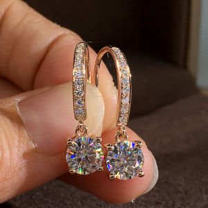 Huitan Timeless Style Womens Dangle Earrings Luxury Rose Gold Color Ear Piercing Drop Earrings with CZ Wedding Eternity Jewelry
