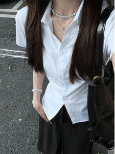 White Short Sleeve Professional Shirt Womens Business Formal Fitted Interview Waist-Cinching Workwear No-Iron Office Uniform