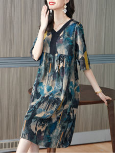 Elegant Mid-Length Silk Dress Womens Seven-Sleeve V-Neck A-Line Gown Floral Print Commute Style Loose Waist Online Exclusive
