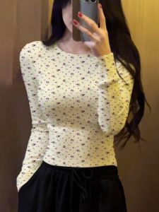 Retro Floral Cotton Long Sleeve Womens T-shirt Slim Fit Base Layer Short Top Spring 2025 New Style Inner Wear Shirt