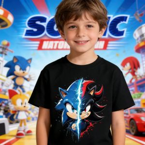 Bandai | 2026 Cartoon Boys Round Neck Comfortable Short Sleeve Sonic The Hedgehog Childrens Pure Cotton T-Shirt Girls Breathable Top