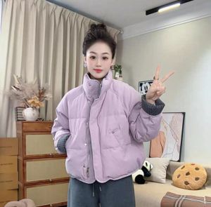 Áo Khoác Bông Cotton Dày Cổ Bẻ Caro Măng Séc Tay Ống Phụ Nữ Mùa Đông Mới 2025
