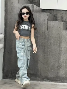 Kids Girls Cargo Jeans New Korean Fashion Street Style Baggy Denim Pants Loose Trousers Elastic Waistband Multi-Pocket Girls Bottoms 7-16yrs