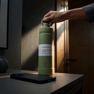 TEZORAH 750ml Magnetic insulated water bottles in pink cream green gray and black with loop handles.