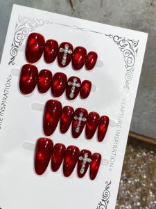 Red Ruby Glass Bead Short Cross Pearl Handmade Nail Art New Year Armor Ice Transparent White Effect Wearable Nail Tips