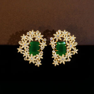 SEQUITO Classy Women Symmetric Heart Stud Earrings Prom Party Gold Color Jewelry Pave Setting Green Square Cut Flower AAA Cubic Zirconia SE1020