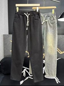 American Style Mens Jeans Autumn Washed Faded Mud Dye Straight Leg Loose Nine Points Pure Black Casual Pants