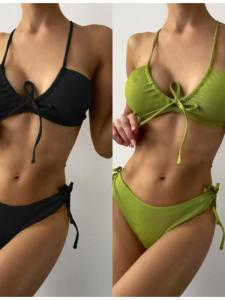 Tie-Side Ribbed Two-Piece Bikini Womens Swimsuit Casual Surfing Suit with Chest Pad No Steel Support Polyester Material