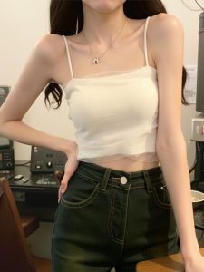 เสื้อกั๊กสายเดี่ยวสั้นสีขาว ดีไซน์ตาข่าย หวานและเผ็ด แฟชั่นฤดูร้อน สำหรับผู้หญิง เสื้อผ้าทำงาน แขนสั้น ทรงเข้ารูป เสื้อผ้าทำงาน