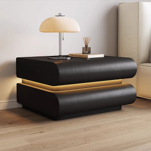 Smart Black Leather Bedside Table with Light Storage Cabinet Minimalist Design Warm Partner Vintage Style Furniture