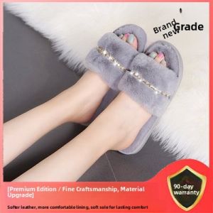 Womens Flat Bottom Slippers Fall New Style Diamond Student Open Toe Versatile Cotton Slippers Soft Girl Plush Slip-On Shoes