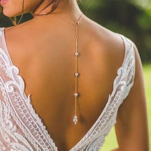 Stone Fans | Women Backdrop Necklace Gold Crystal Leaf Pendant Bridal Back Chain Body Jewelry for Backless Dress Wedding Party Accessories