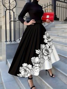 Printed Design Four Seasons Casual Style Black and White Flower Printed Half Skirt