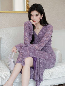 ชุดเดรสยาวแขนยาวสีม่วงสุดสง่างามสไตล์ฝรั่งเศส ทรงเข้ารูป ทรงเข้ารูป ชุดราตรีสไตล์ Hepburn สำหรับผู้หญิง