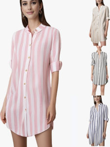 เสื้อเชิ้ตแขนยาวลายทางลำลองไซส์ใหญ่ ทรงหลวม ผ้าโพลีเอสเตอร์ ฤดูร้อน 2025 สำหรับผู้หญิง ปกโปโล ไม่มีกระเป๋า