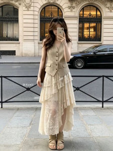 XUECAIQI | Summer Retro Style Sleeveless Vest and Lace Skirt Two Piece Set