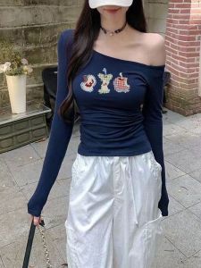 Elegant Apple Print Long Sleeve Shoulder Bared T-Shirt Womens Slim Fit Base Layer Top Fashionable Spring Autumn Cotton Crew Neck