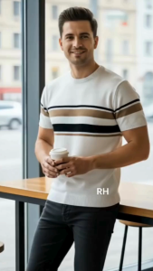 Baju rajut pria lengan pendek belang strip kerah bulat polo sweatshirt tebal