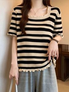 Áo Thun Tay Ngắn Dáng Rộng Cổ Vuông Họa Tiết Sọc Mùa Hè Cho Nữ Cỡ Lớn Thiết Kế Màu Tương Phản Tay Ngắn Thường Ngày