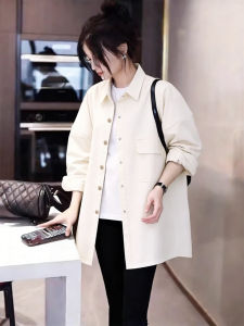 TIANQIANHUI | Stylish White Jeans Shirt Jacket for Women Mid-Length Long-Sleeved