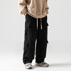 Loose Casual Cotton Work Trousers Mens Large Size Retro Straight Leg Wide Leg Pure Cotton Long Pants Spring Autumn Multi-Pocket