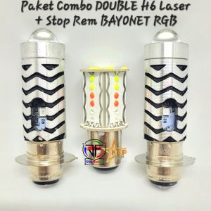 Paket Combo Hemat Lampu Motor ( DOUBLE H6 LASER+ Stop Rem BAYONET RGB PREMIUM 30 MATA ) Universal arus Dc 12 Volt Motorcycle Sporty