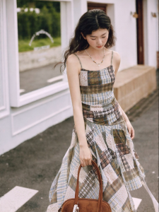 BY IHAPPY | Đầm Dài Vintage Nếp Pleated Dây Đai Khăn Ruy Băng Bố Kẻ