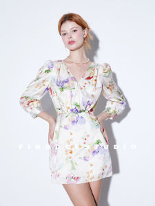 Elegant Finocci French Vintage Art Oil Painting Glossy Satin Floral Embroidery Waist-Cinching Dress Sophisticated Womens Fashion