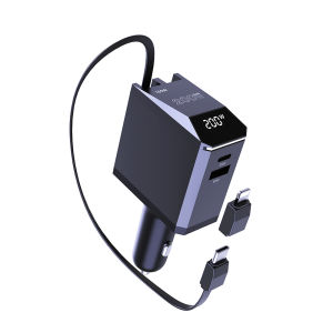 Ubigbuy 200W 4 in 1 Retractable Car Charger Digital Display Type C Fast Charging Charger With Type C Cable For iPhone 16 Samsung