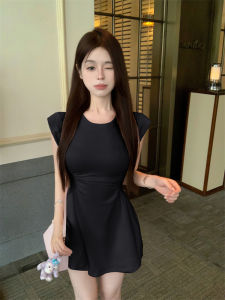 VKSOD | Fashionable Black Round Neck Mini Dress Womens Summer Design Slimming A-Line Short Skirt High Waist Short Sleeve Commute Style