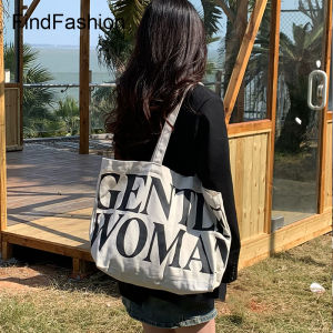 FindFashion Gentle Woman Large Capacity Tote Bag With Zipper Alphabet Canvas Bags For Ladies