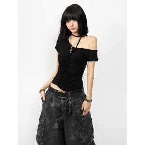 Black Slanted Shoulder Tied Neck Ribbon Fitted Tee