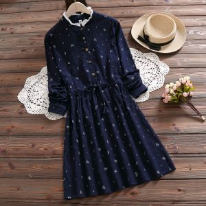 New 2025 Womens Long Sleeve Floral Embellished Brushed Dress Midi Length Fashionable Youthful Small Stature Base Skirt