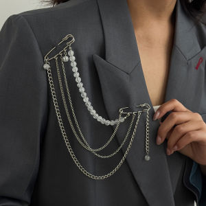 Ingemark | Ingemark Elegant Exquisite Acrylic Beads Pendant Brooch for Women Trendy Silver Color Tassel Dress Suit Collar Pins Clip Jewelry