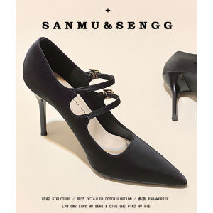 รองเท้าส้นสูง Mary Janes ทรงหัวแหลมแบบเซ็กซี่สำหรับผู้หญิง สีดำ ฤดูใบไม้ร่วง/ฤดูหนาว รองเท้าลำลองแบบสวมสบาย ส้นบาง หนัง PU รองเท้าทำงาน