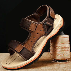 Mens Outdoor Sports Leather Sandals Breathable Slip-On Casual Shoes Summer Thong Flat Rubber Sole Beach Shoes for Youth And Middle-Aged