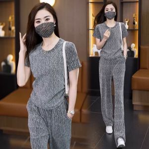100kg can wear paillette terno filipinina modern women short sleeve two pieces sets korean style round neck fashion silvery two piece suits lady