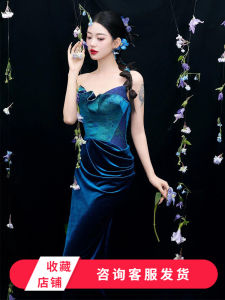 ชุดราตรีสไตล์จีนใหม่สำหรับผู้หญิง ชุดแต่งงาน ชุดราตรีสุดหรูหรา สีน้ำเงิน ชุดเดรสคอวีแขนกุด ชุดราตรีแบบปรับปรุงใหม่