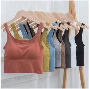 Korean Style Rib Knit Sando Crop Top Smocked Back Padded N2